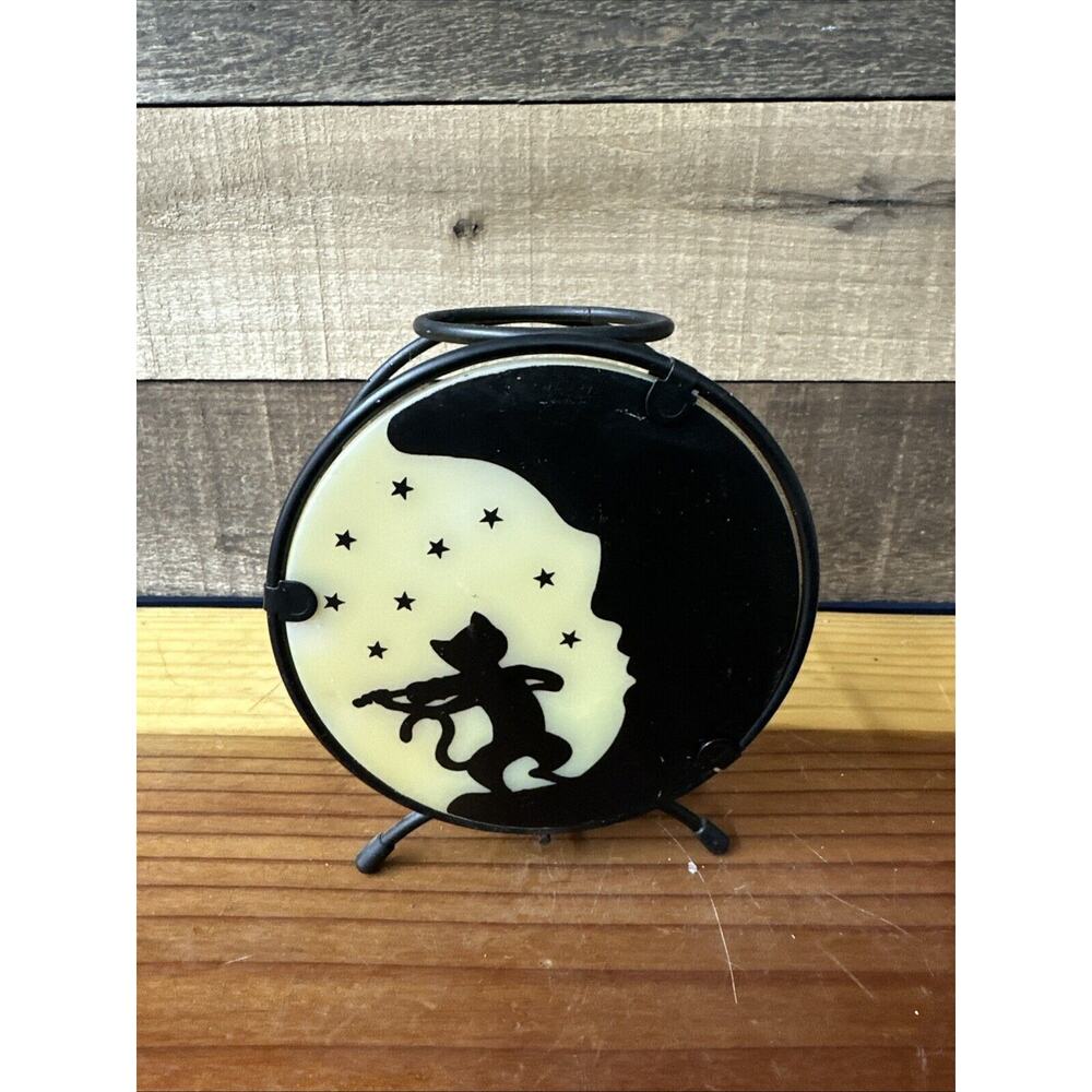 Vintage Cat Playing Fiddle On Moon Tealight Holder